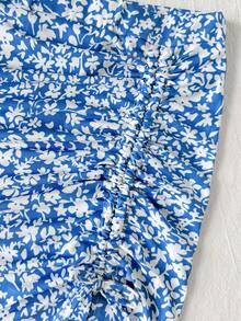 2件套少女无袖纯色针织上衣和碎花喇叭迷你裙套装