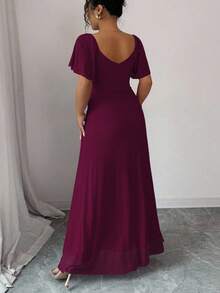 Elenzga Women's Lavender V-Neck Ruffle Sleeve Waist Pleated Slit Dress, Elegant Bridesmaid Dress For Wedding, Party - Burgundy - View 2