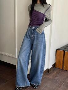 Livesso Women's Letter Print Pocket Wide Leg Loose Casual Jeans