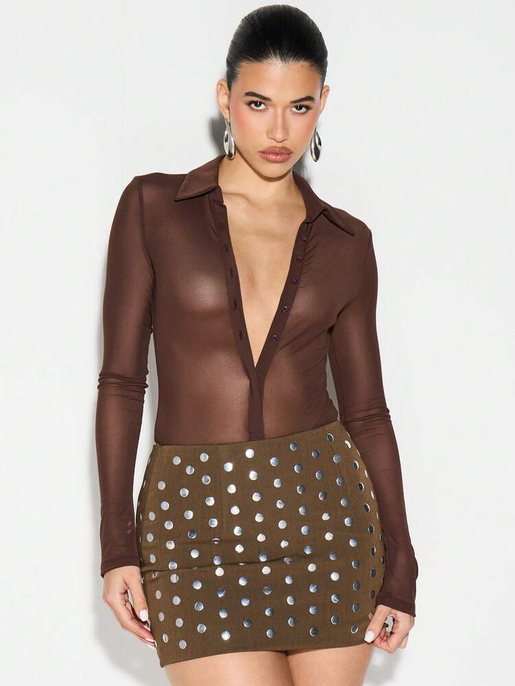 KIZN Brown Studded Mini Skirt With Metallic Circles
