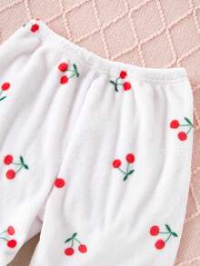 Genkimix Kids 4pcs/2sets Tween Girl Fashionable Pink Solid Plush Thick & Soft Material + Cherry Print Loose Casual Pants Set, Comfortable & Soft, Suitable For Autumn/Winter - Multicolor - View 7