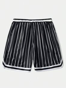 ROMWE MEN Prep Men's Letter Striped Drawstring Waist Pockets Casual Loose Shorts - Black and White - View 2