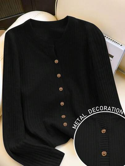 EMERY ROSE Kardigan Rajut Leher Bulat Lengan Panjang Wanita Dengan Hiasan Cendawan Logam Dan Butang Logam, Musim Luruh/Sejuk