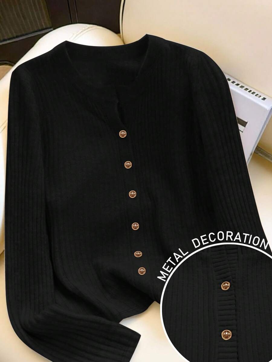 SHEIN LUNE 女士圆领长袖针织开衫,饰有金属蘑菇和金属纽扣,秋冬款 - 黑色 - 查看 1