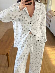 DAZY Bộ đồ ngủ dệt kim họa tiết hoa hoạt hình dễ thương dành cho nữ - trắng - Xem 4