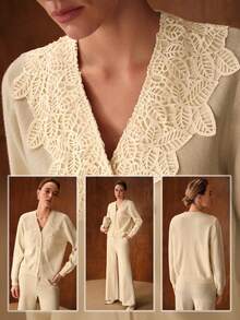 MOTF PREMIUM SOLID GUIPURE LACE PANEL FAUX PEARLS PLACKET CARDIGAN - Apricot - View 2