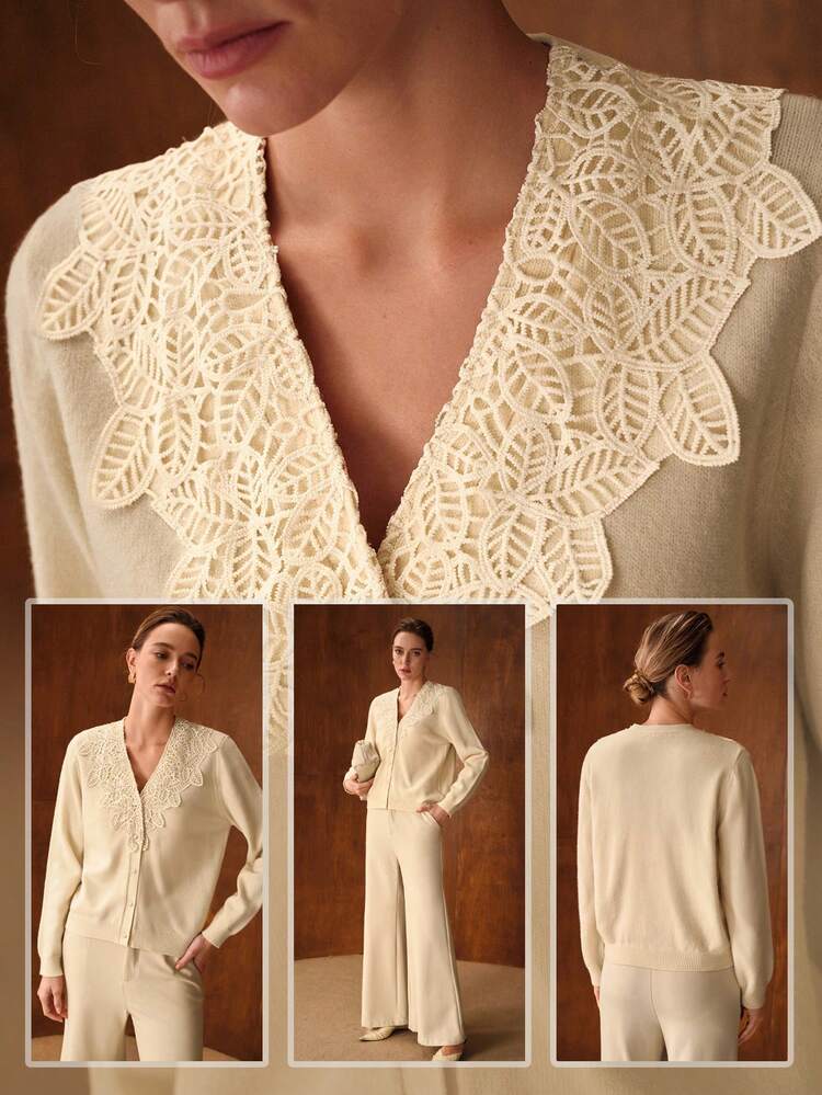SOLID GUIPURE LACE PANEL FAUX PEARLS PLACKET CARDIGAN