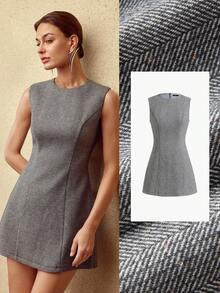 MOTF PREMIUM WOMEN'S WOOL BLEND HERRINGBONE SLEEVELESS MINI DRESS , AUTUMN/WINTER - Grey - View 7