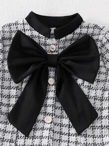 SHEIN 少女蝴蝶结装饰千鸟格印花长袖褶裥下摆可爱连衣裙 - 白色 - 查看 8