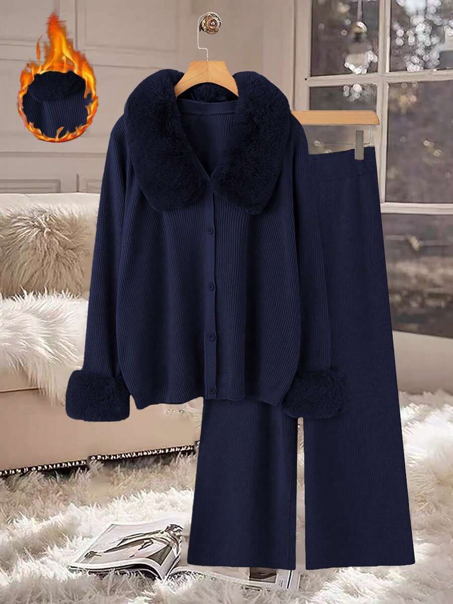 Linhara Plus Size Solid Color Fur Collar Warm Front Button Casual Knit Cardigan And Pants Sweater Set - Navy Blue - View 1