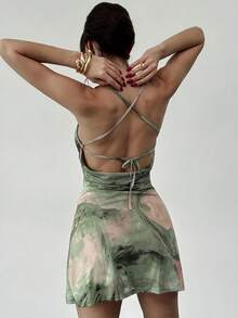 Firerie Women's Elegant Romantic Sexy Beach Vacation New Fashion Criss-Cross Backless Spaghetti Strap Tie-Dye Print A-Line Mini Dress - Multicolor - View 7