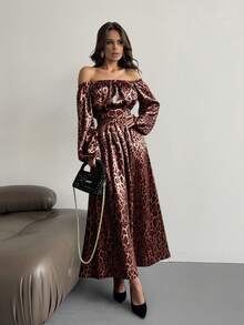 Firerie Women's Elegant Brown Leopard Print Off Shoulder Maxi A-Line Dress,Seductive Cinched Waist Lantern Sleeve Autumn Party Fashion Exquisite Date Gown - Brown - View 1