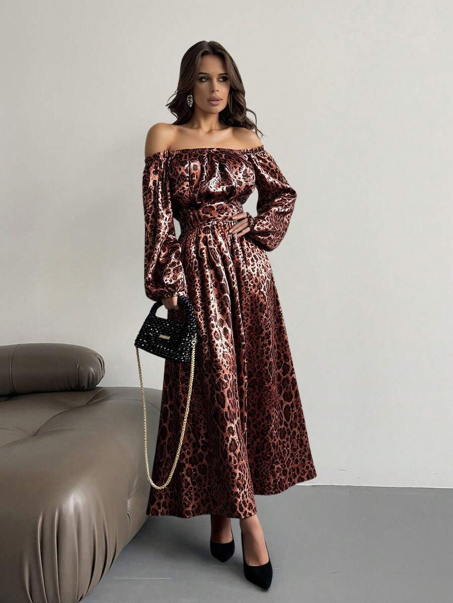 Firerie Women's Elegant Brown Leopard Print Off Shoulder Maxi A-Line Dress,Seductive Cinched Waist Lantern Sleeve Autumn Party Fashion Exquisite Date Gown - Brown - View 1