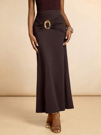 SHEIN Veneréa Women's Solid Color Metal Decor Pleated Elegant Mermaid Skirt