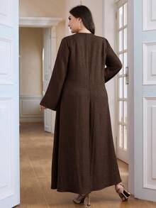 Al Najma Plus Size Women Elegant Solid Color Notched Neck Arabic Style Dress - Camel - View 2