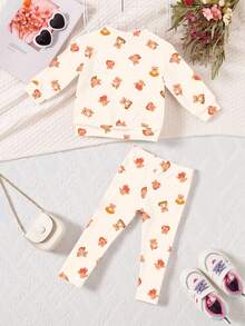 Young Girl Cartoon Print Sweatshirt And Skinny Pants Set - Multicolor - View 3