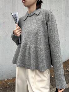 FRIFUL Damen einfarbiger Pullover mit Umlegekragen, Langarm, lässig und locker, Herbst/Winter - Grau - Übersicht 6