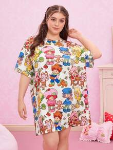 Strawberry Shortcake X SHEIN Plus Size Women's Cute All-Over Print Loose Fit Drop Shoulder Nightgown, Summer Kawaii Pajamas Cartoon Pajamas Women Plus Size Kawaii Moo Moo Night Gown - White - View 3