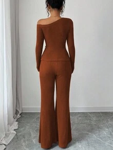 Elenzga Women's Rust Brown Autumn Elegant Everyday Fashion Casual 2-Piece Set,Asymmetric Shoulder Ruched Hem Metal Decor Ribbed Knit T-Shirt+Flare Leg Pants - Rust Brown - View 2