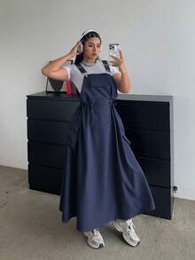 POPSWAY 全新秋季户外百搭束腰中长款吊带连衣裙女装 - 寶藍色 - 查看 4