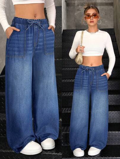 SHEIN Jeans de ajuste holgado con bolsillo y lazo en la cintura para adolescentes, color azul