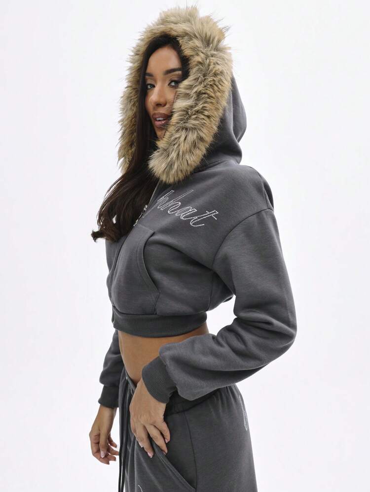 BABYPHAT Faux Fur Hooded Zip Up Cropped Sweatshirt With Rhinestone Embellished Text Details For Winter