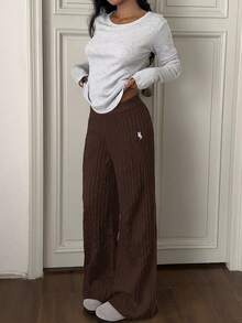 CovetEZ Women's Elastic Waist Cable Pattern Wide Leg Casual Knit Pants - Chocolate Brown - View 5