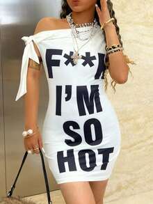 Rovax Women's Slogan Print Asymmetric Shoulder Fitted Casual Dress - Multicolor - View 3