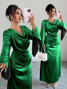 Elenzga Đầm suông xếp ly cổ xẻ tay bèo màu trơn thanh lịch dành cho nữ - Màu xanh lá cây đậm - Xem 1