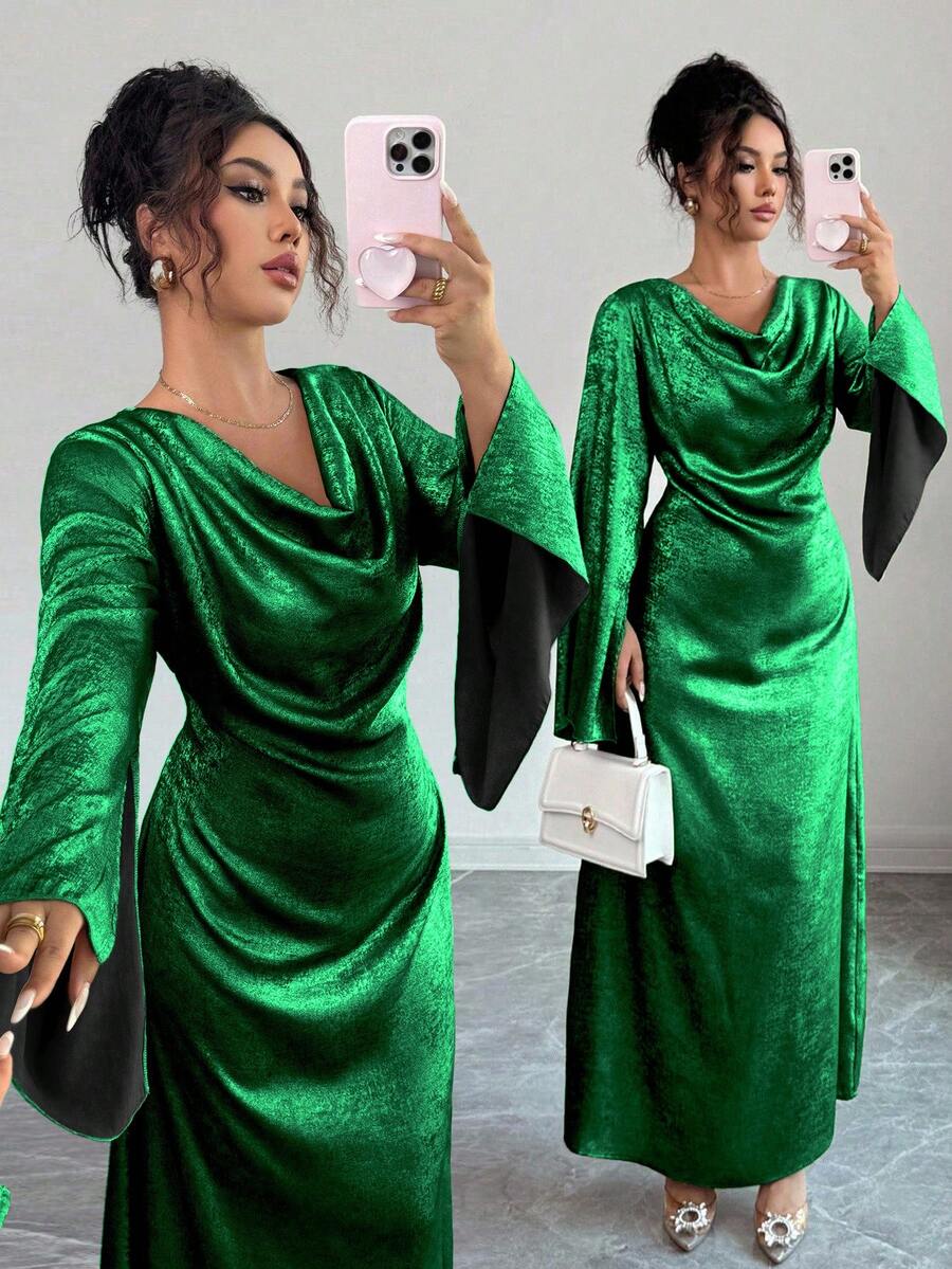 Elenzga Đầm suông xếp ly cổ xẻ tay bèo màu trơn thanh lịch dành cho nữ - Màu xanh lá cây đậm - Xem 1