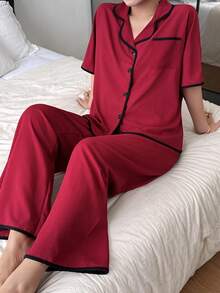 SHEIN 撞色翻领休闲宽松短袖睡衣套装 - 酒紅色 - 查看 6