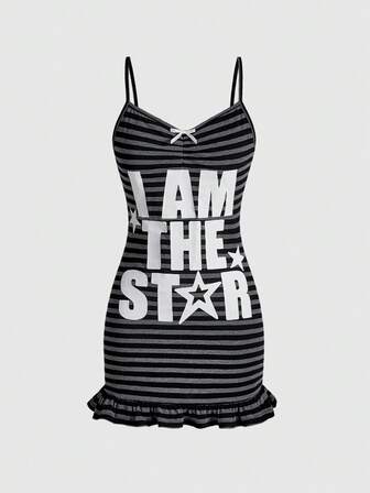 ROMWE Avant Abito mini da donna con stampa a righe e spalline sottili