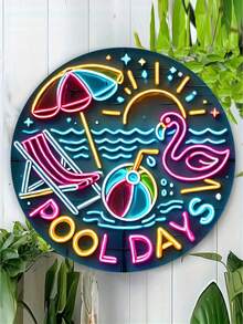 No Electricity Required! 1pc Retro Neon Flamingo Pool Party Metal Sign, 8x8 Inches, Wall Mounted, Rust-Proof, Pre-Drilled For Easy Installation, Versatile For Home, Garage, Cafe, Club Decoration, Ideal Gift - English Text, Pre-Drilled Holes, Random Style - Multicolor - View 2