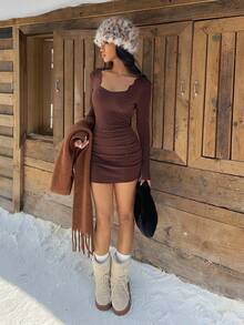 SHEIN Unity 1pc Women's Brown Winter Jacquard Knitted Elastic Fabric Ruched Casual/Work Dress - Brown - View 6