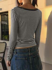 INAWLY 条纹休闲方领长袖修身女式T恤 - 深灰色 - 查看 2