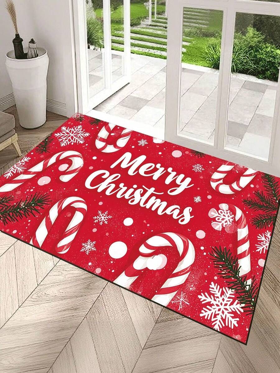 1pc Christmas Themed Bath Mat - Red Candy Cane & Snowflake Design, Square Doormat, Absorbent Non-Slip, Plush Square Carpet, Indoor Entrance Small Rug Suitable For Bathroom, Laundry Room, Bathroom Entrance, In Front Of Sink, Shower Room And Party, Carpet, Bathroom Decor, Bath Mat, Bathroom Accessories,Shower Mat Doormat Suitable For Living Room, Bedroom, Kitchen And Various Scenes At The Entrance, Party, Holiday, Gift, Banquet - Multicolor - View 1