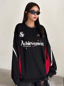 DAZY Slogan Graphic Colourblock Drop Shoulder Sweatshirt