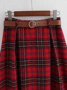 Franclia 休闲时尚百搭弹力腰带棕色皮带，褶裥复古圣诞格子中长裙，女士秋季款 - 紅色 - 查看 3