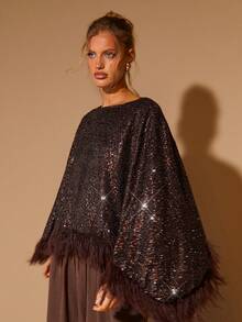 COSMINA 女士优雅亮片宽松船领不对称下摆毛绒套头衫，秋冬款 - 棕色 - 查看 5