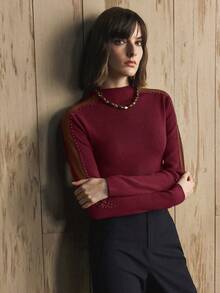 Arave Women's Slim Fit Turtleneck Sweater With Shoulder Mesh Cutout And Pearl Beaded Design, Suitable For Daily Commute - Burgundy - View 6