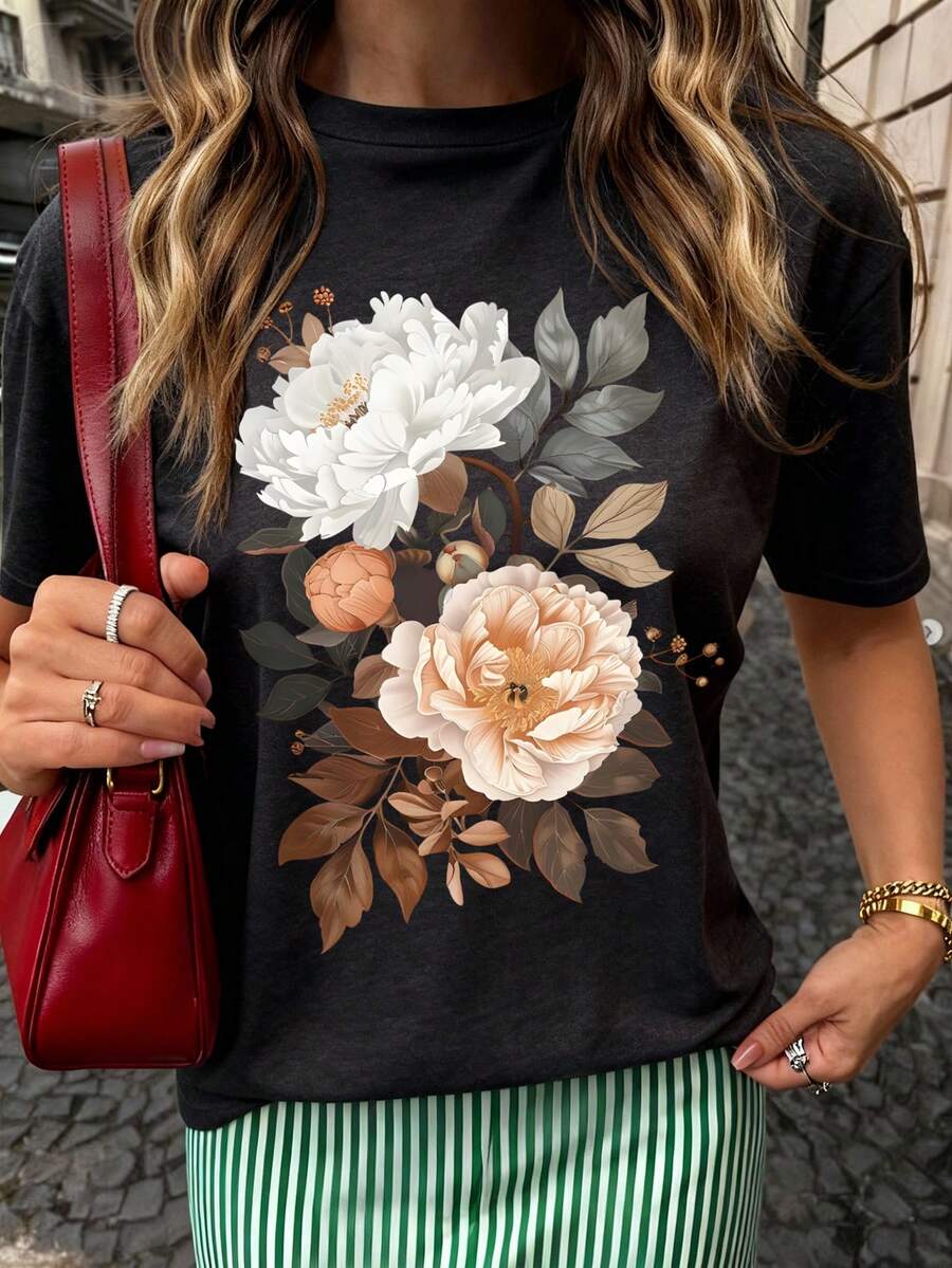 DrmWander Damen Große Größen Lässig T-Shirt mit rundem Ausschnitt und kurzen Ärmeln, Blume Muster, vielseitig einsetzbar