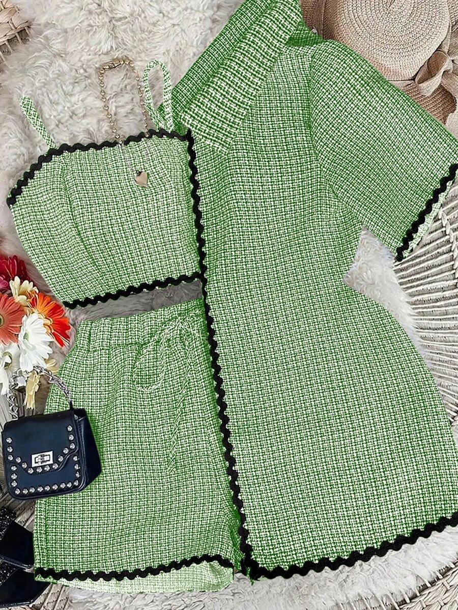 GlowEve 3件套秋季新款通勤学院风优雅休闲返校简约办公装：撞色拼接荷叶边开衫、超短吊带背心、直筒短裤，女款 - 彩色 - 查看 1