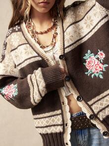 Bohemela 波西米亚风秋冬春女式复古提花撞色百搭简约花卉刺绣长袖开衫，宽松舒适，适合海滩度假、日常穿着、返校季、外出、新年、情人节、2000年代风格、夏季假期、海滩、冬春季等场合。 - 摩卡棕 - 查看 2