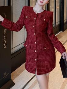 DAZY Women's Elegant Front Button Mid-Length Dress, Suitable For Commuting, Autumn/Winter New Year Christmas - Burgundy - View 6
