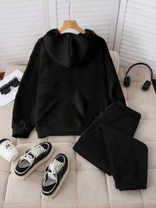 Sparklyn 少女秋冬舒适休闲时尚创意个性清新别致简约67粉色星星字母印花连帽衫和运动裤套装，舒适穿搭 - 黑色 - 查看 2