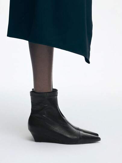 Mnmlis 2025 Yeni Sonbahar/Kış Kadın Kama Topuklu Bilek Botları, Çok Yönlü Sivri Burunlu Elastik İnce Kesim Yan Fermuarlı Retro Günlük Botlar