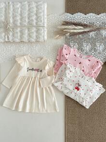 SHEIN 3-Piece Set Baby Girl Winter & Autumn Clothing Back To School Season 3M-3Y Pink White Apricot Cute & Fashionable Love Heart Bow Sweet Heart Letter Print Round Neck Ruffle Elastic Long Sleeve Dress Button Front Comfortable & Soft Daily Wear Suitable For Spring, Autumn & Winter Outdoor Wear Casual Ideal As A Gift - Multicolor - View 4