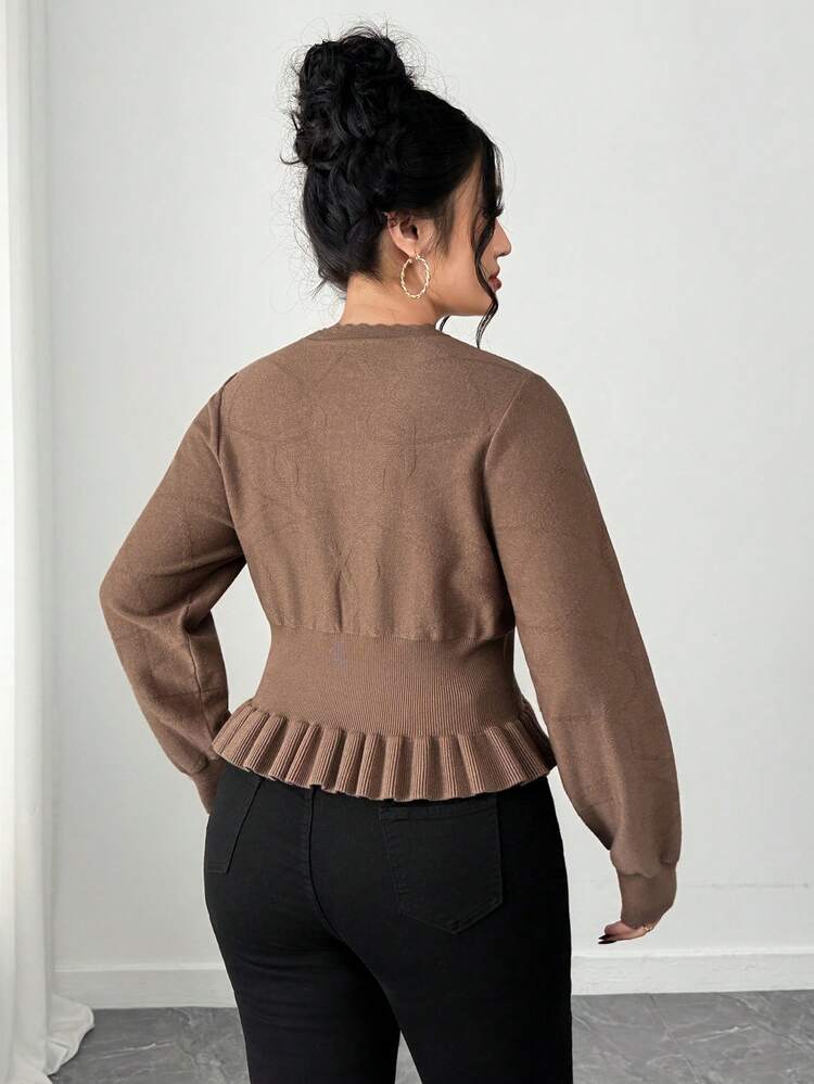 Dazy Plus Plus Size Women Solid Color Elastic Fitted Ruched Hem Cardigan Sweater, Autumn/Winter
