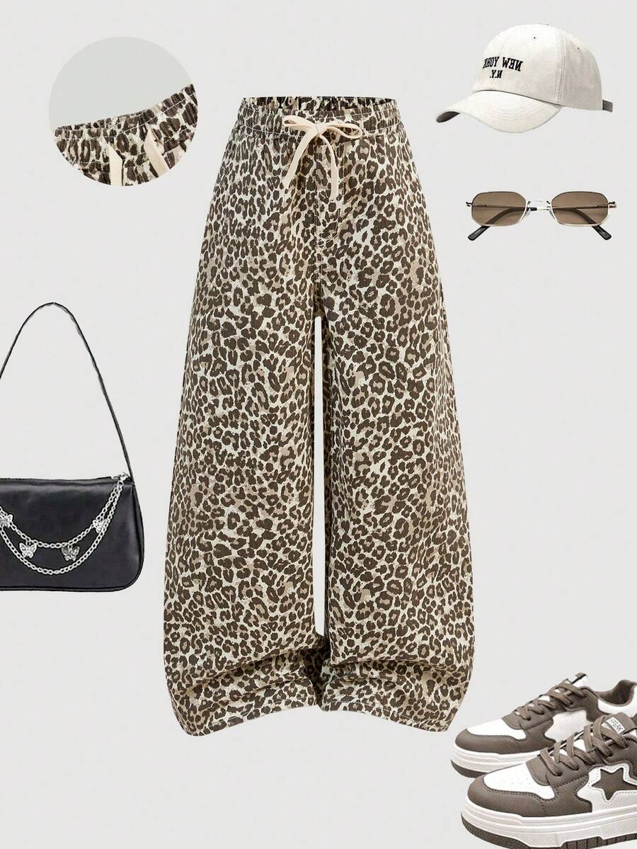 SHEIN Girlism Tween Girls' Drawstring Waist Leopard Print Wide Leg Loose Casual Jeans - Multicolor - View 1