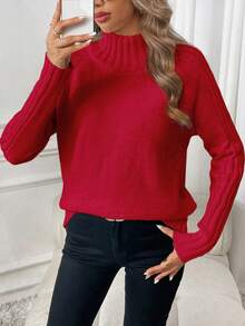 SHEIN LUNE Sweater Kasual Warna Polos dengan Kerah Tegak, Musim Gugur/Musim Dingin - Merah - View 5